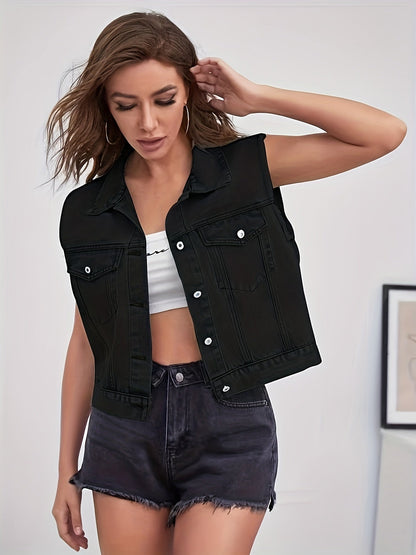 Johanna - Sleeveless Denim Jacket Featuring Flap Pockets