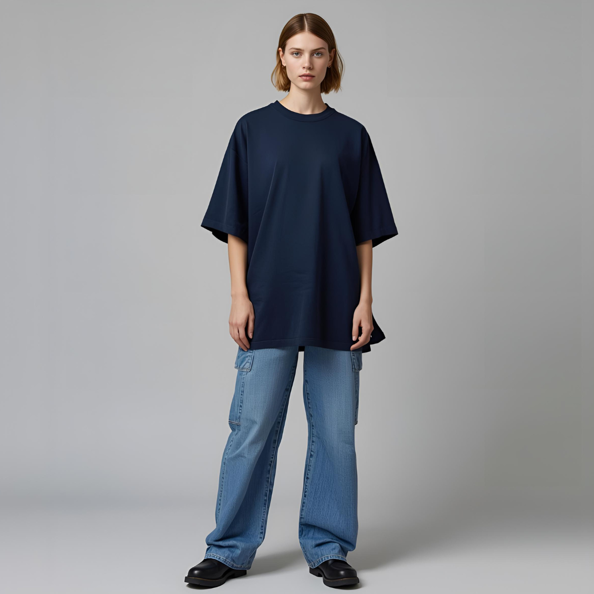 MIDNARA | Dark Blue Oversized Streetwear T-Shirt