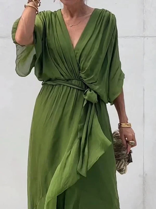 Women's Green Summer V-Neck Chiffon Dress
