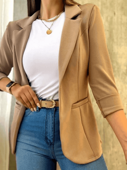 Chic Women's Solid Blazer with Pockets, Lapel Collar, and Long Sleeves