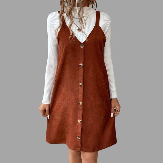 V-Neck Corduroy Dress with Strappy Details and Button Accents
